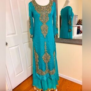Elegant Teal and Gold Pakistani Dress Eid